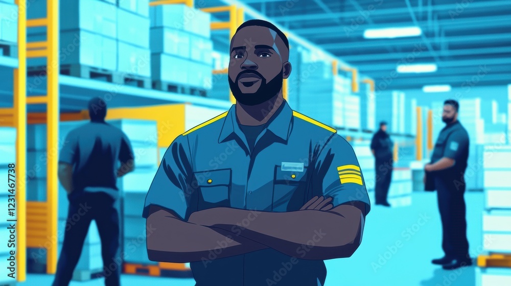 Security guard leading a diverse team on a warehouse patrol, checking inventory and ensuring safety compliance. Security guard leading a diverse team on a warehouse patrol, checking inventory and ensuring safety compliance.