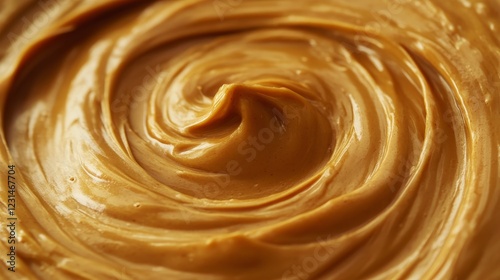 Close-up view of a creamy peanut butter swirl, showcasing its smooth texture and rich golden-brown color. photo