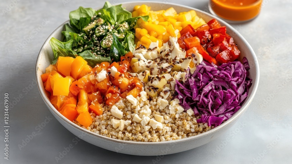 Vibrant salad featuring whole grains and fresh vegetables for a healthy, colorful meal. Vibrant salad featuring whole grains and fresh vegetables for a healthy, colorful meal.