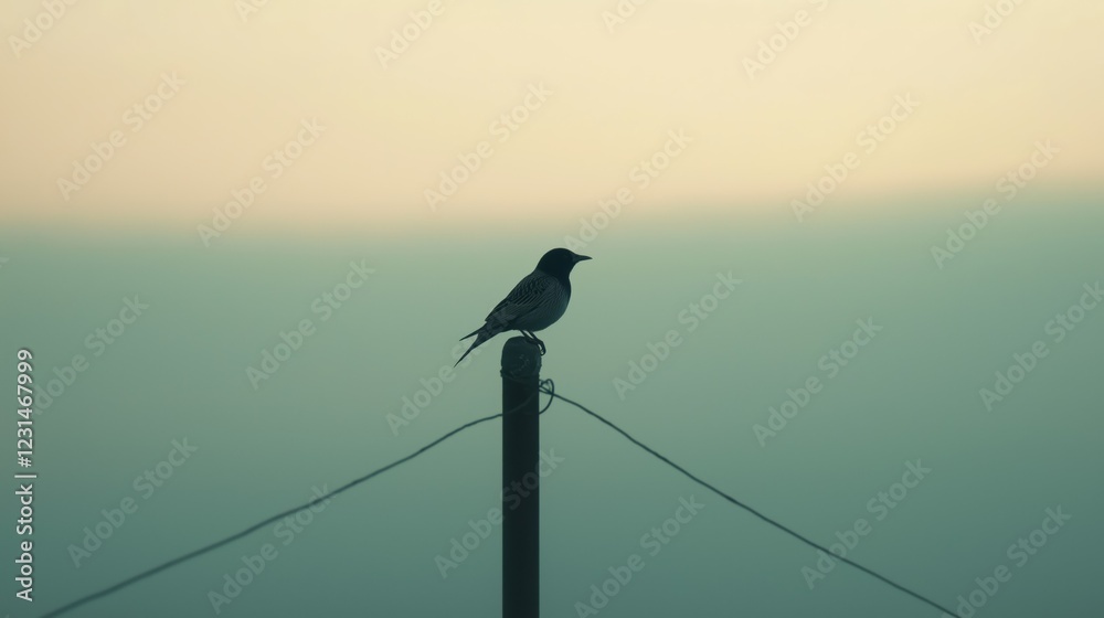 Silhouette Bird On Post Pastel Sunrise Sky