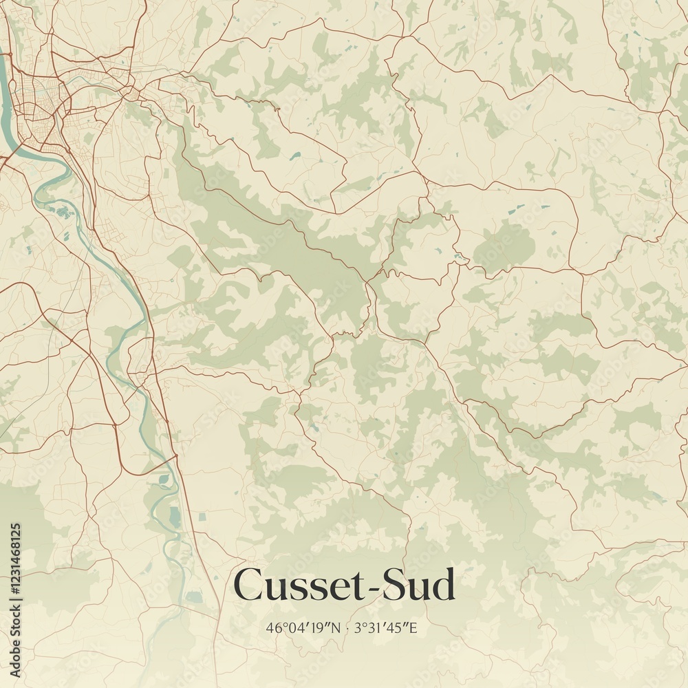 Fototapeta premium Retro map of Cusset-Sud, Auvergne-Rh�ne-Alpes, France. Vintage street map.