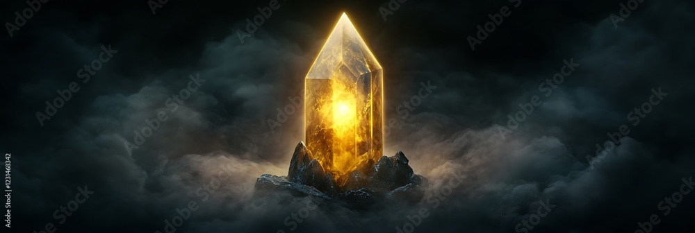 A golden aura emanating from a sacred crystal surrounded by dark fog symbolizing the light within the darkness A golden aura emanating from a sacred crystal surrounded by dark fog symbolizing the light within the darkness