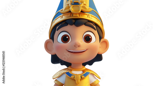 Cartoon character in vibrant historical costume with golden accessories, showcasing ancient culture and playful spirit