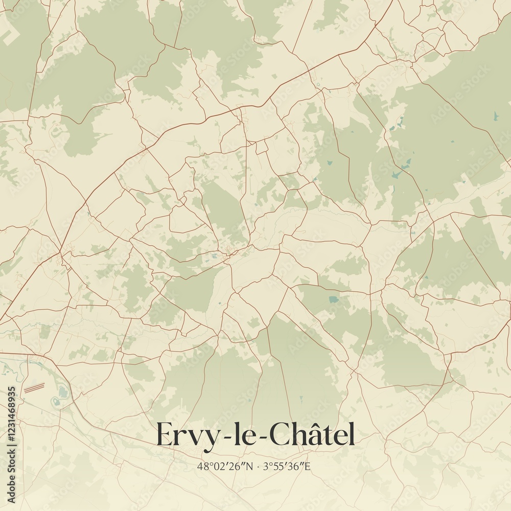 Fototapeta premium Retro map of Ervy-le-Ch�tel, Grand Est, France. Vintage street map.