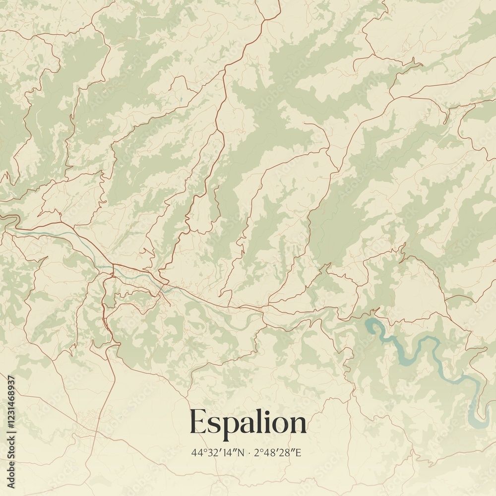 Fototapeta premium Retro map of Espalion, Occitanie, France. Vintage street map.