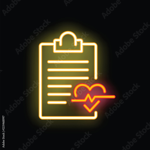 Glowing neon icon of clipboard showing medical test results with heartbeat symbol, on black background