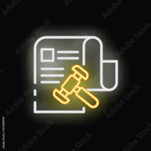 Glowing neon icon of a judge's gavel hitting a contract, symbolizing legal agreements, auctions, and the legal profession