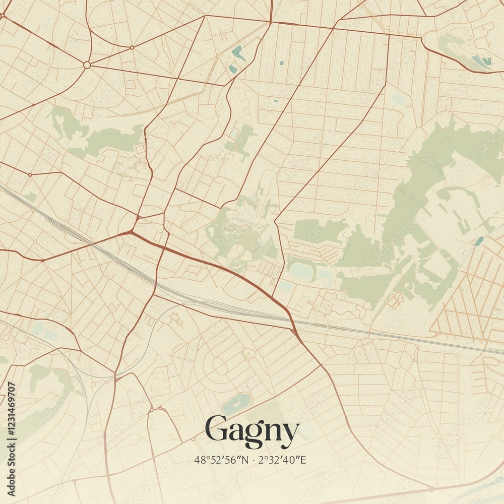 Obraz premium Retro map of Gagny, �le-de-France, France. Vintage street map.