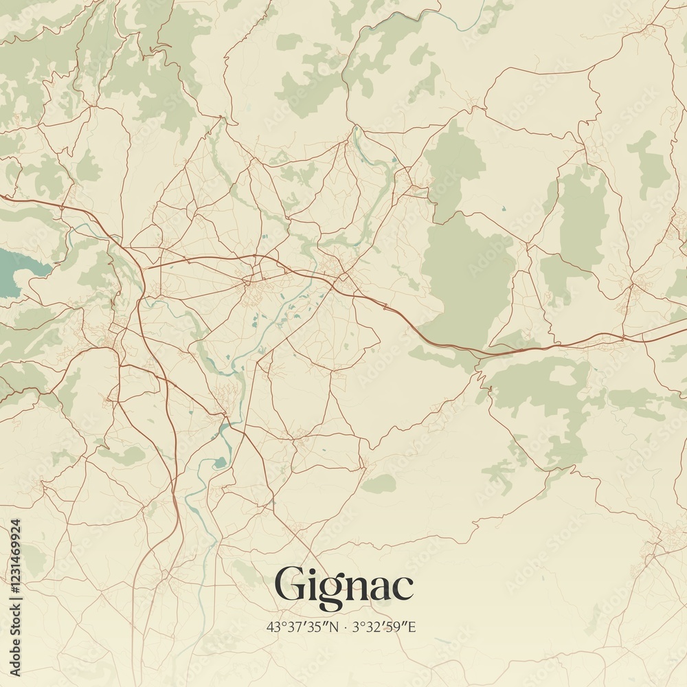 Fototapeta premium Retro map of Gignac, Occitanie, France. Vintage street map.
