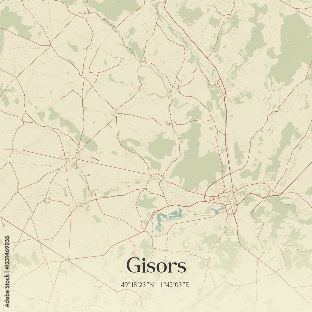 Fototapeta premium Retro map of Gisors, Normandie, France. Vintage street map.
