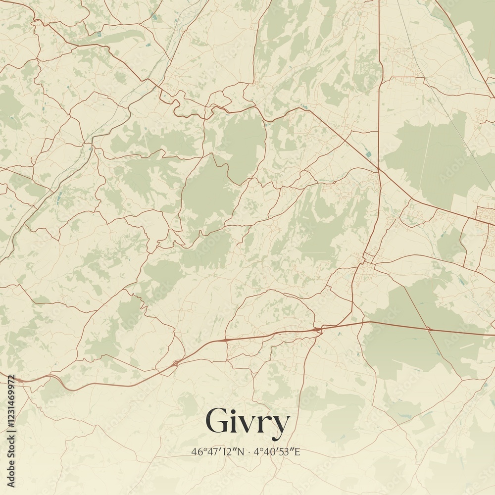 Fototapeta premium Retro map of Givry, Bourgogne-Franche-Comt�, France. Vintage street map.