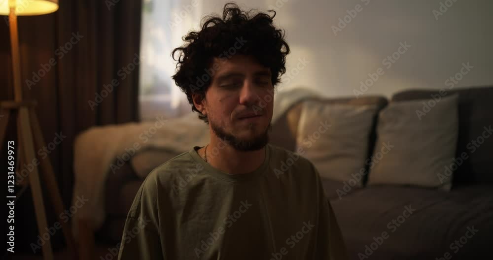 Close up of a happy brunette guy with curly hair and a beard in a Green T-shirt meditates and with his eyes closed at home in the evening