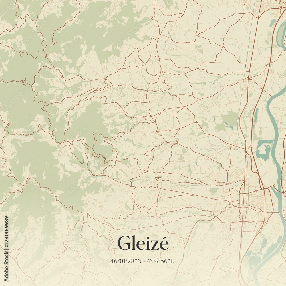 Fototapeta premium Retro map of Gleiz�, Auvergne-Rh�ne-Alpes, France. Vintage street map.