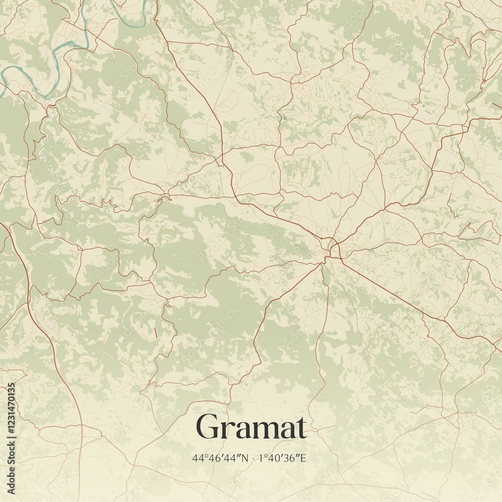 Obraz premium Retro map of Gramat, Occitanie, France. Vintage street map.