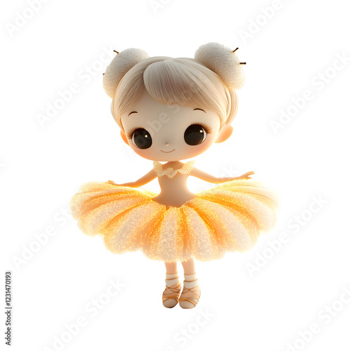 Fluffy 3D Cartoon Ballerina in Yellow Dress Isolated on Transparent Background