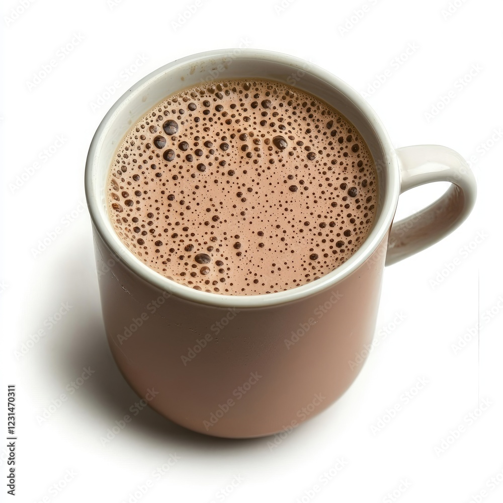 Fototapeta premium Hot chocolate mug, frothy drink, white background, cozy morning, website banner