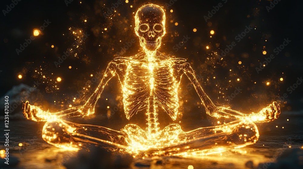 Obraz premium A glowing human skeleton seated in a meditative pose, abstract surreal light effects