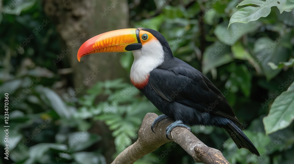 Vibrant Toucan Perched on Branch in Lush Rainforest Vibrant Toucan Perched on Branch in Lush Rainforest
