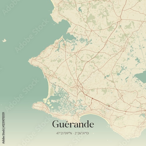Retro map of Gu�rande, Pays de la Loire, France. Vintage street map.