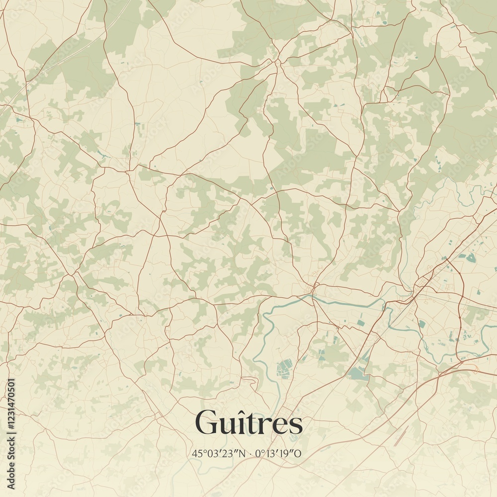 Fototapeta premium Retro map of Gu�tres, Nouvelle-Aquitaine, France. Vintage street map.