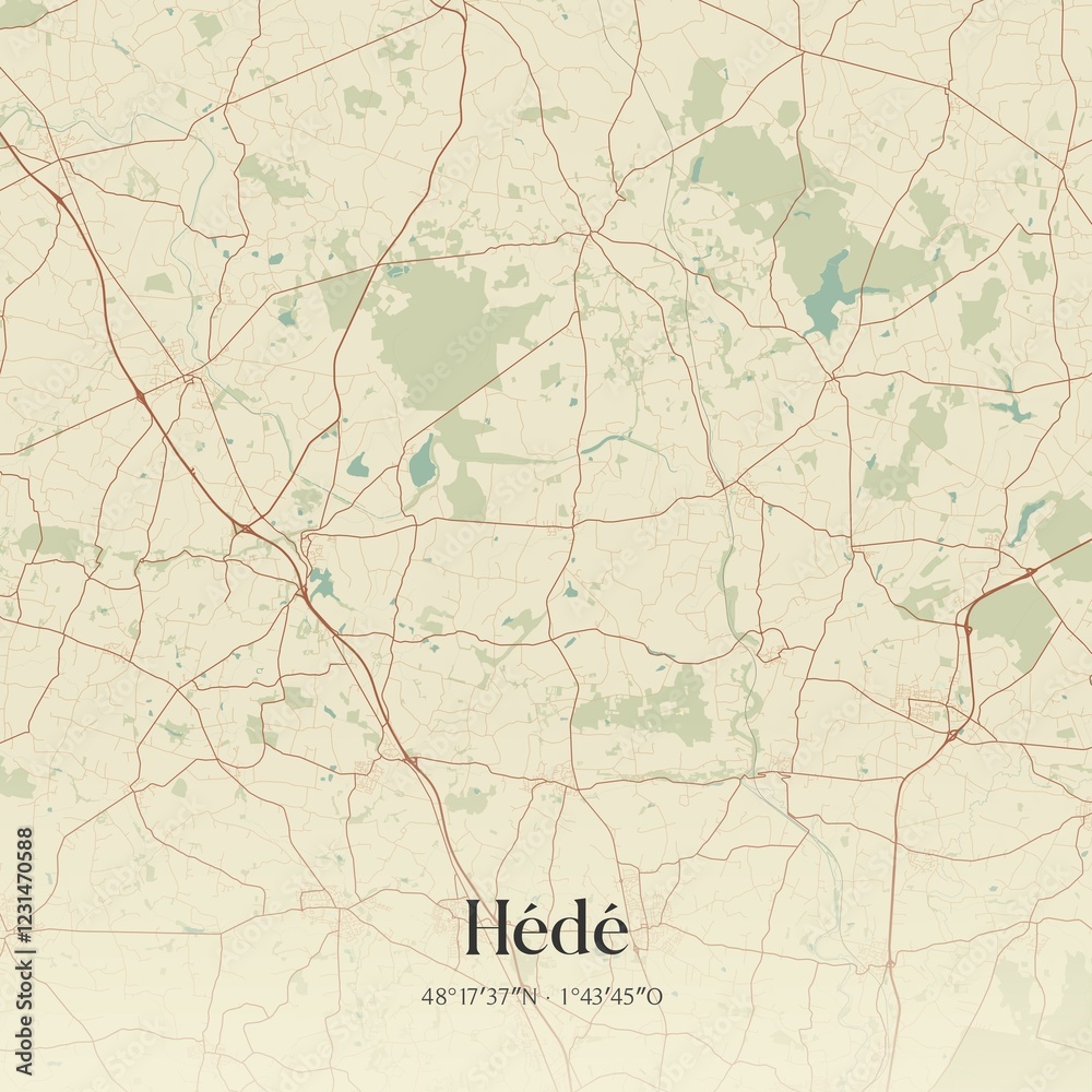 Fototapeta premium Retro map of H�d�, Bretagne, France. Vintage street map.