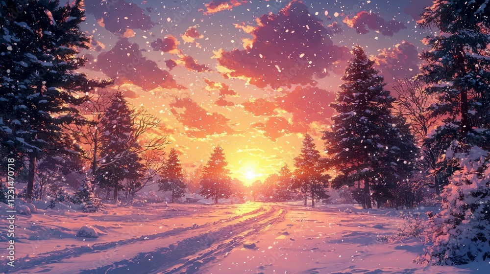 Winter Sunset: Magical Snowfall in a Tranquil Forest Path. A breathtaking landscape of serene nature, perfect for digital art and painting enthusiasts. Winter Sunset: Magical Snowfall in a Tranquil Forest Path. A breathtaking landscape of serene nature, perfect for digital art and painting enthusiasts.