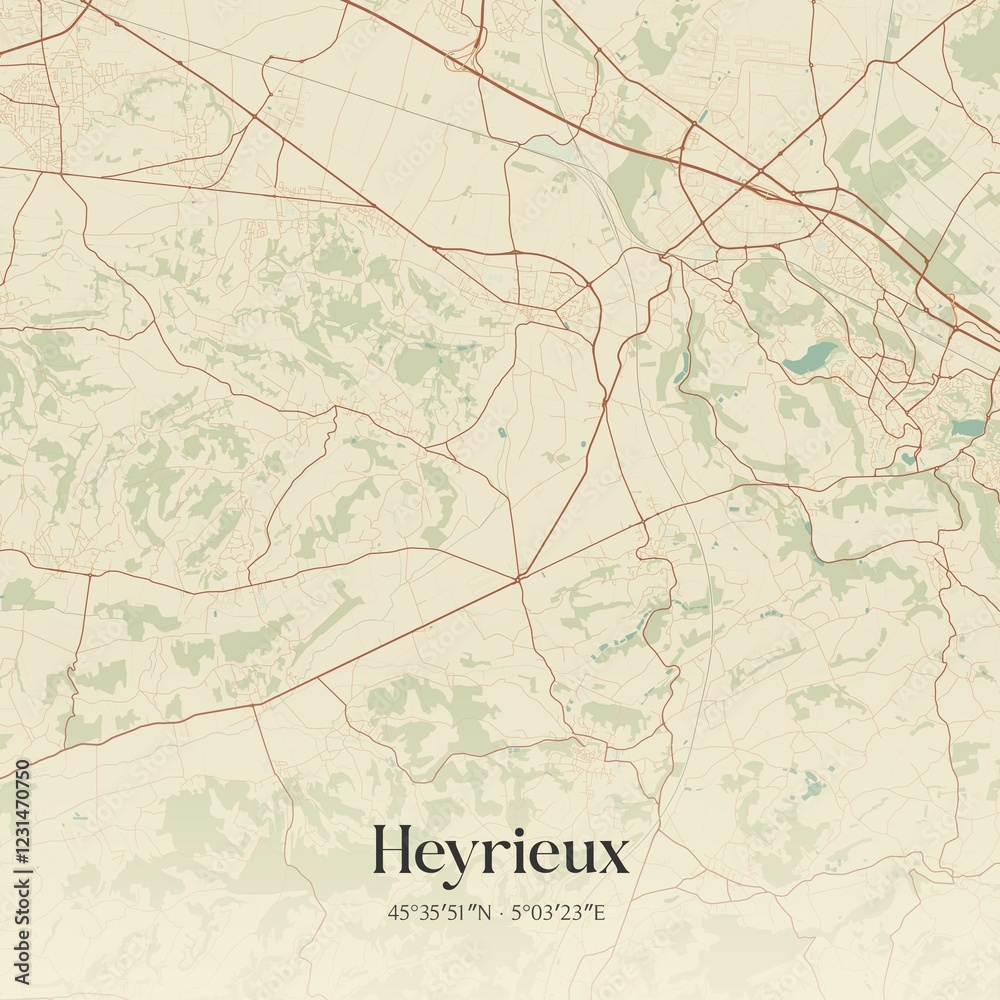 Fototapeta premium Retro map of Heyrieux, Auvergne-Rh�ne-Alpes, France. Vintage street map.