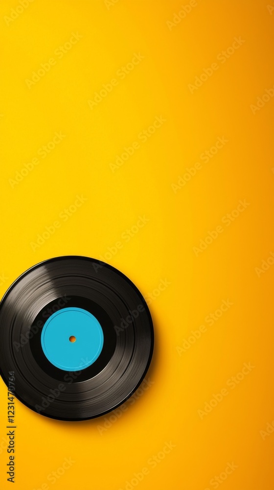 Spinning vinyl record on vibrant yellow background music graphic design studio overhead view retro aesthetic Spinning vinyl record on vibrant yellow background music graphic design studio overhead view retro aesthetic