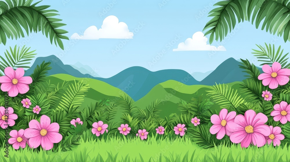 Obraz premium Lush Tropical Landscape with Pink Flowers and Verdant Mountains