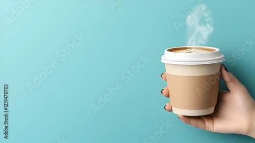 Woman's hand holding hot coffee, teal background