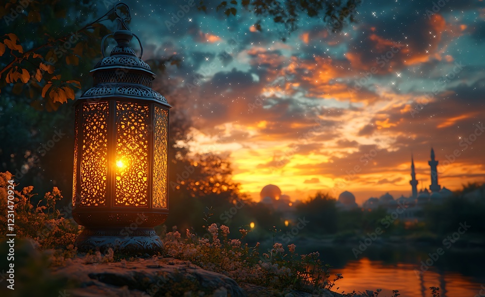 Illuminated lantern hanging outdoors with a sunset and silhouettes of mosque minarets in the background
Illuminated lantern hanging outdoors with a sunset and silhouettes of mosque minarets in the background