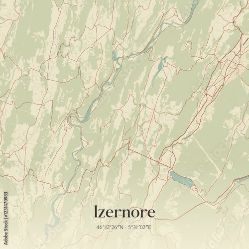 Retro map of Izernore, Auvergne-Rh�ne-Alpes, France. Vintage street map. photo