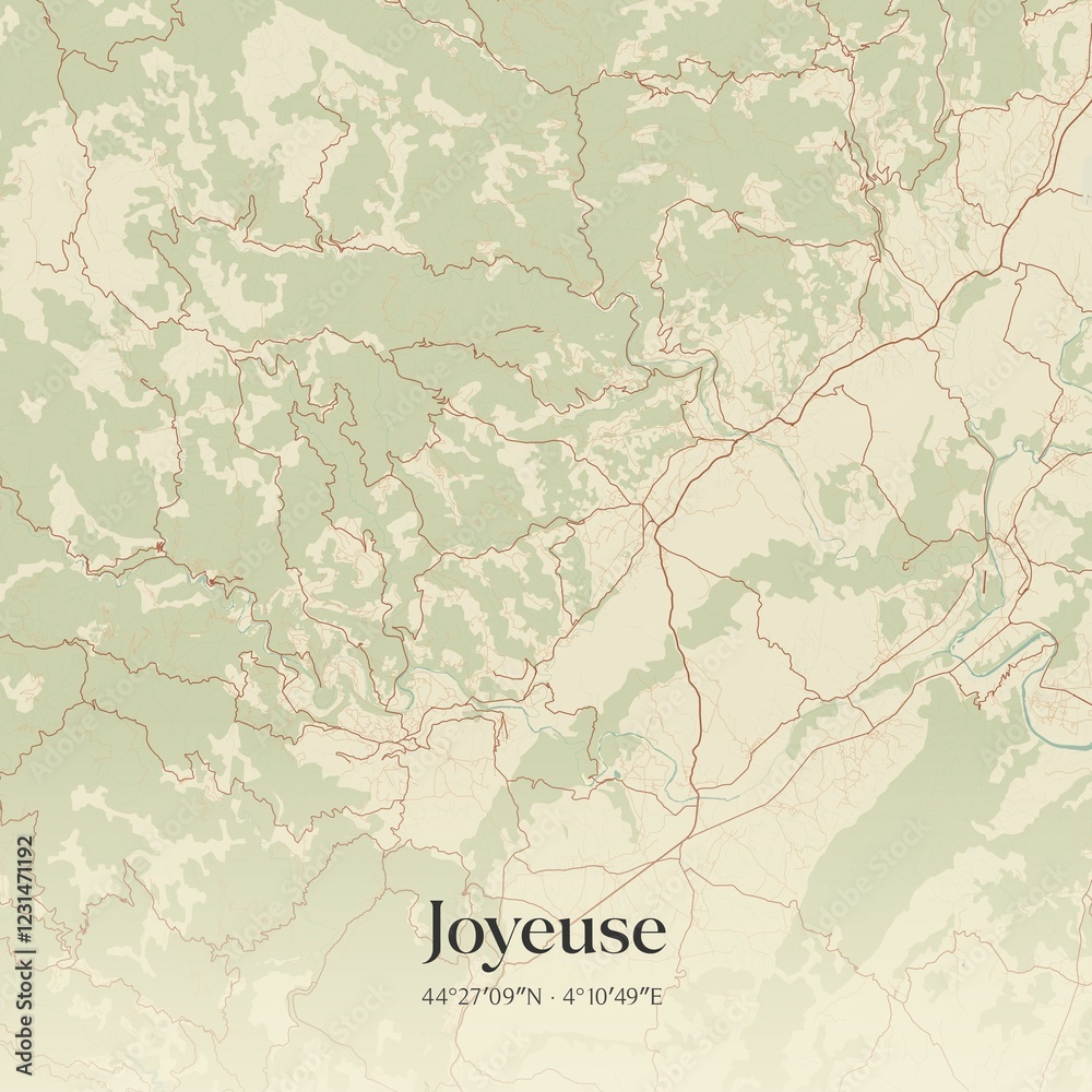 Fototapeta premium Retro map of Joyeuse, Auvergne-Rh�ne-Alpes, France. Vintage street map.