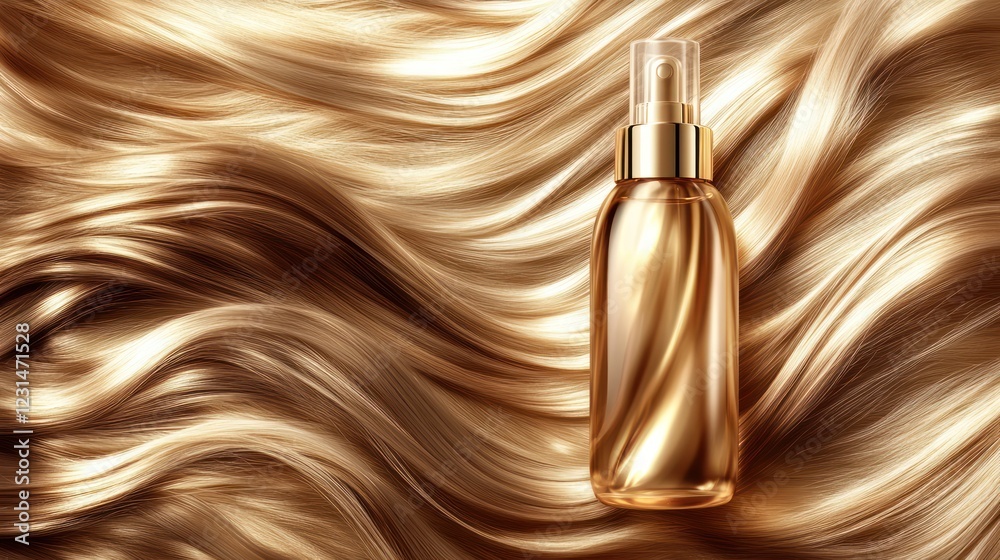 Naklejka premium Gold hairspray bottle on flowing blonde hair waves, beauty ad