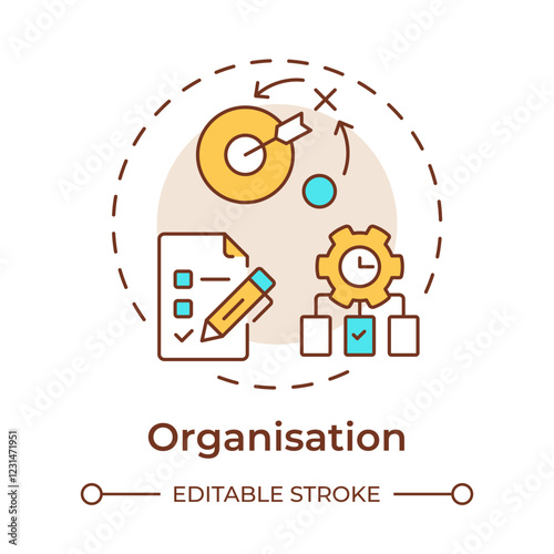 Organisation multi color concept icon. Planning, prioritizing and coordinating tasks. Line manager skill. Round shape line illustration. Abstract idea. Graphic design. Easy to use in booklet