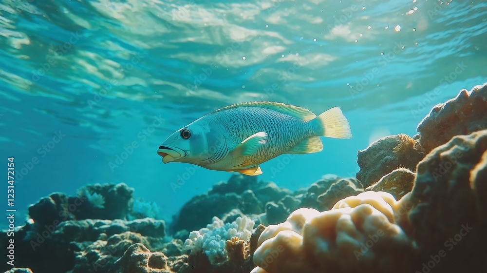Fototapeta premium Spotted Fish Swimming Near Coral Reef in Vibrant Blue Water