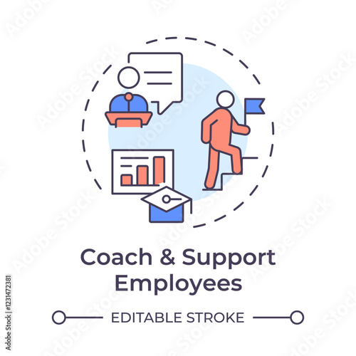 Coach and support employees multi color concept icon. Helping team members succeed. Line manager responsibilities. Round shape line illustration. Abstract idea. Graphic design. Easy to use in booklet