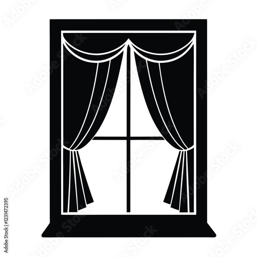 Window with curtains silhouette isolated on white