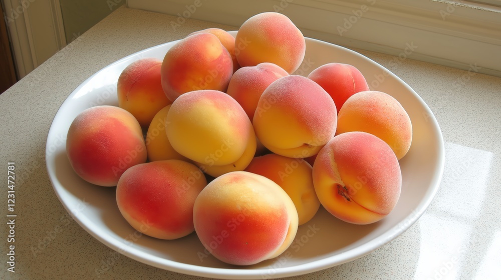 Ripe Peaches in White Bowl in Soft Natural Light Ripe Peaches in White Bowl in Soft Natural Light