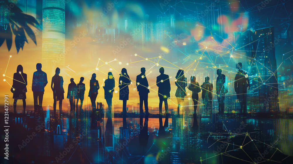 Fototapeta premium Abstract business team stands on the peak of success amid tall, innovative Smart city and graphs with statistics to analyze business potential and predict future developments in company growth