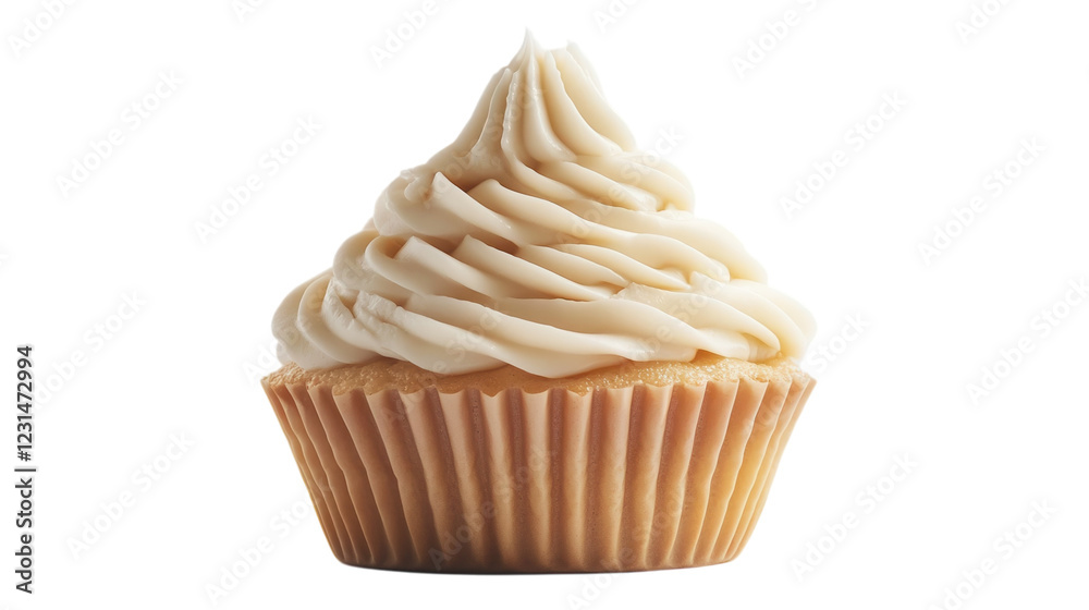 Delicious vanilla cupcake with swirls of creamy frosting on a simple background perfect for dessert lovers Delicious vanilla cupcake with swirls of creamy frosting on a simple background perfect for dessert lovers