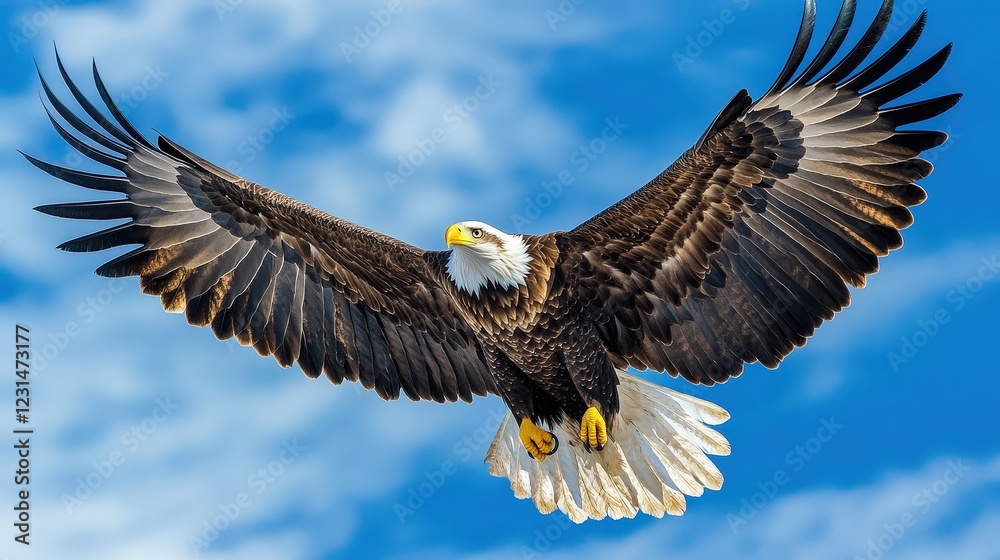 Majestic Bald Eagle in Flight: A powerful bald eagle soars through a vibrant blue sky, its wings fully extended in a breathtaking display of freedom and majesty. Majestic Bald Eagle in Flight: A powerful bald eagle soars through a vibrant blue sky, its wings fully extended in a breathtaking display of freedom and majesty.