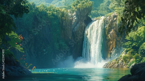 Lush jungle waterfall cascading into tranquil pool