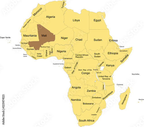 Detailed national location map of MALI within the great continent of Africa