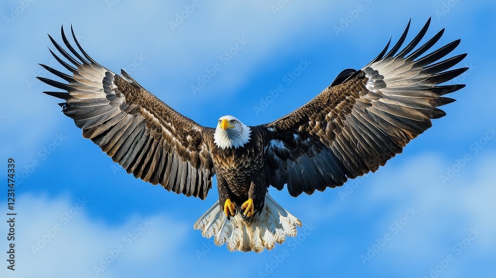 Obraz premium Majestic Bald Eagle in Flight: A powerful bald eagle with piercing yellow eyes soars through a vibrant blue sky, its massive wings spread wide in a display of raw power and freedom.