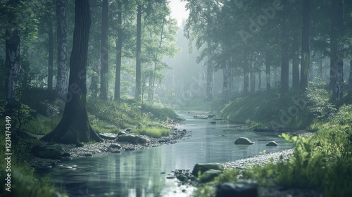 Misty forest stream, sunlight through trees, calm nature scene, background ideal for video game or film