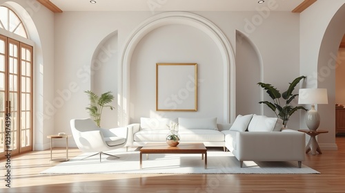 Modern living room featuring a sleek white armchair with a statement frame on the wall behind it, paired with a crisp white sofa and an coffee table, set against the backdrop of a arch wall.