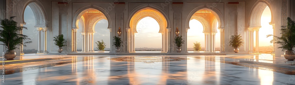 Fototapeta premium Sunlight Streaming Through Archways of a Serene Palatial Corridor with Reflective Flooring