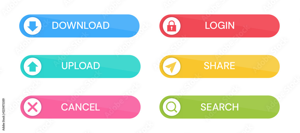 Set of colorful button with sign icon. Download, upload, cancel, login, share, search. Element button for web design Set of colorful button with sign icon. Download, upload, cancel, login, share, search. Element button for web design