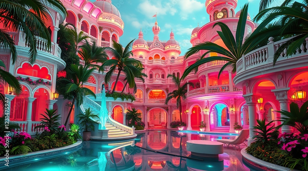 Fototapeta premium a dreamlike and vibrant resort hotel with intricately designed architecture, as if plucked from a fantasy world, capturing the luxurious atmosphere of a tropical getaway.